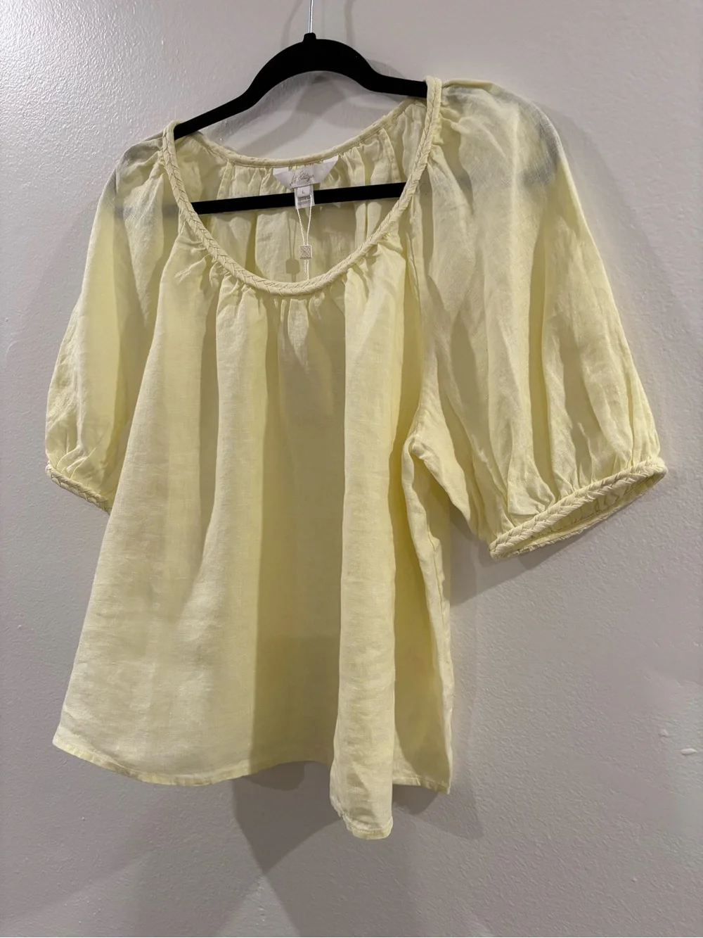 Lilly Pulitzer Pale Yellow Linen Puff-Sleeve Scoop Neck Top
